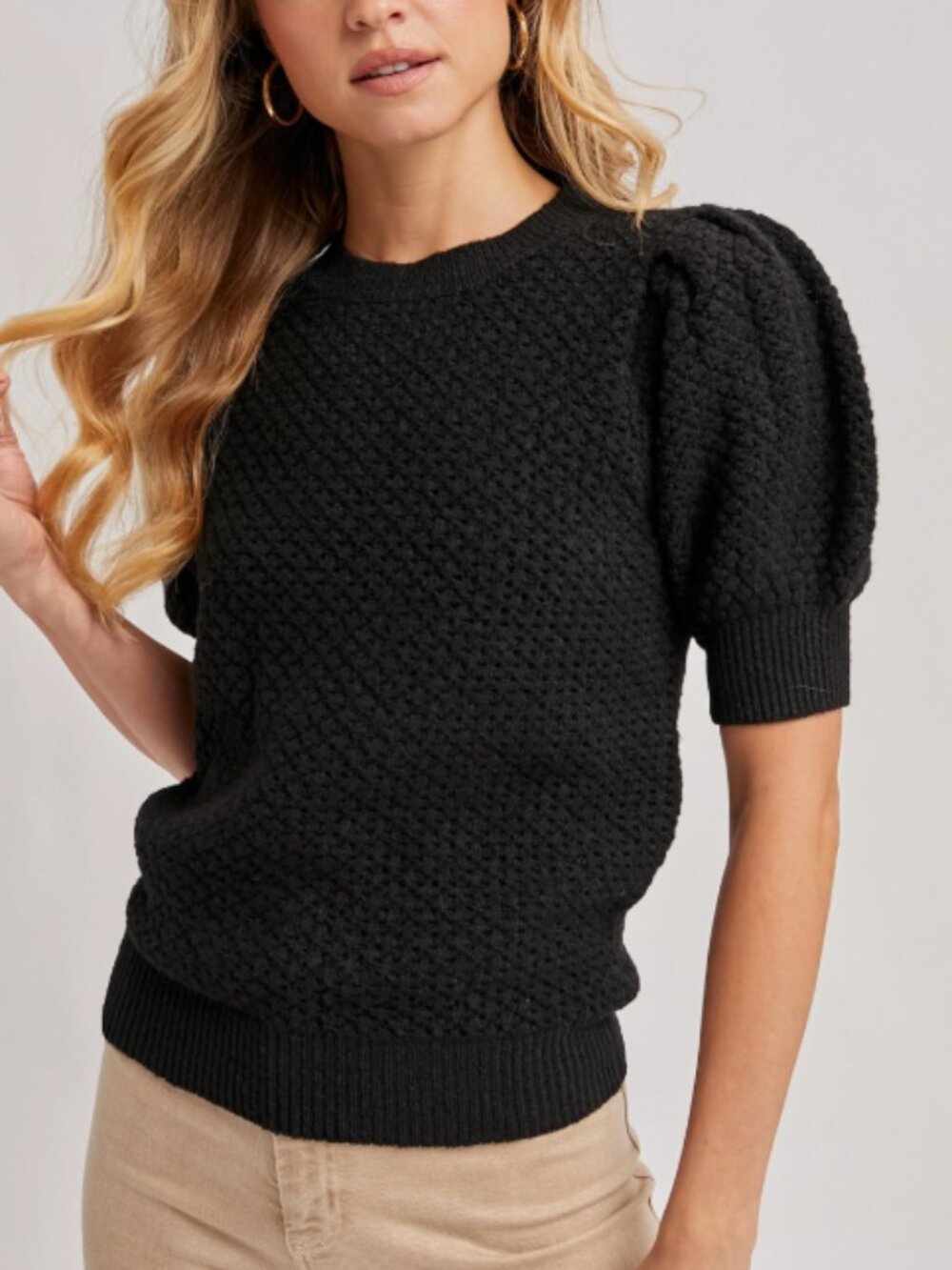 102. BLUIVY Puff Sleeved Open-Knit Sweater